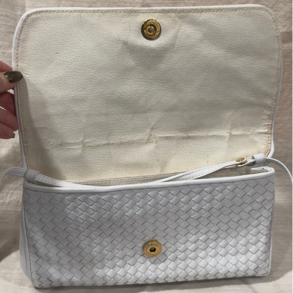 Vintage Ganson White Woven Leather Crossbody Bag Gold Hardware Intrecciato Style - Picture 5 of 9